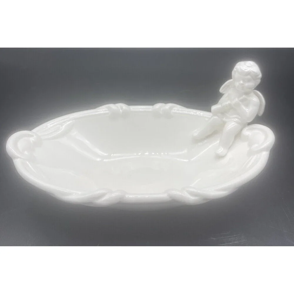 VTG‎ Omnibus Fitz & Floyd Cherub White Angel Oval Candy Trinket Dish 8.5”